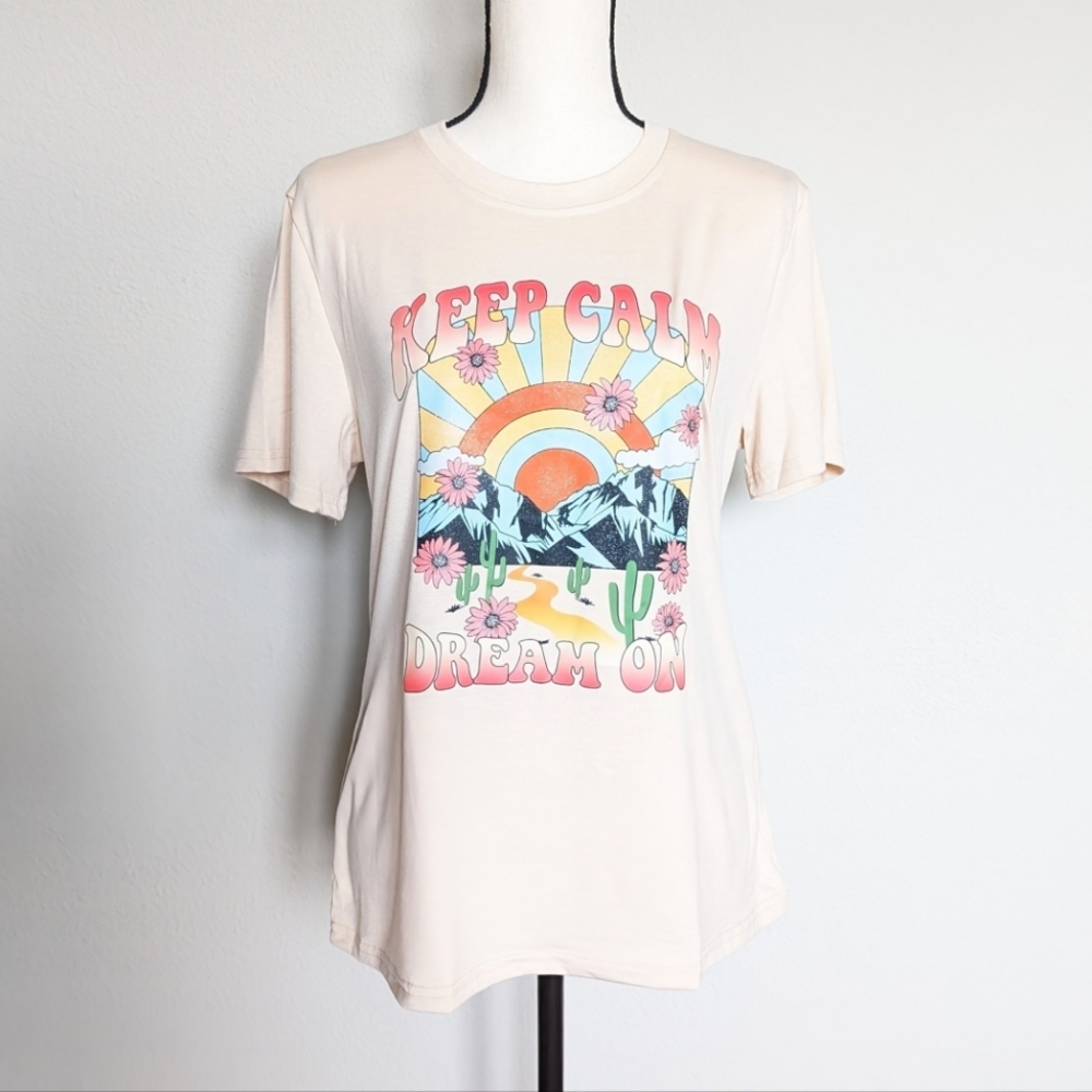 Boho mountain scenery keep calm dream on cream colored short sleeve top size XL